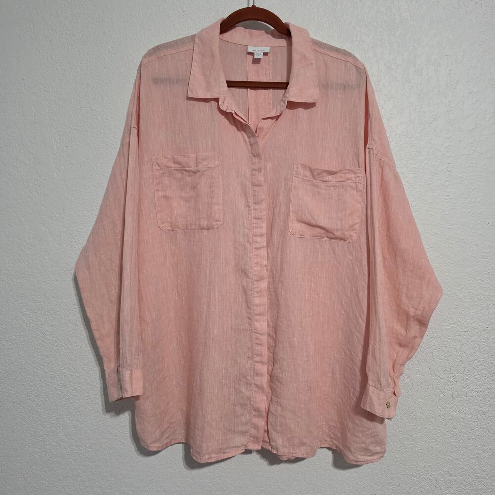 J.Jill Love Linen Long Sleeve Button-Down Shirt size 2X Pink Coastal Relaxed Fit